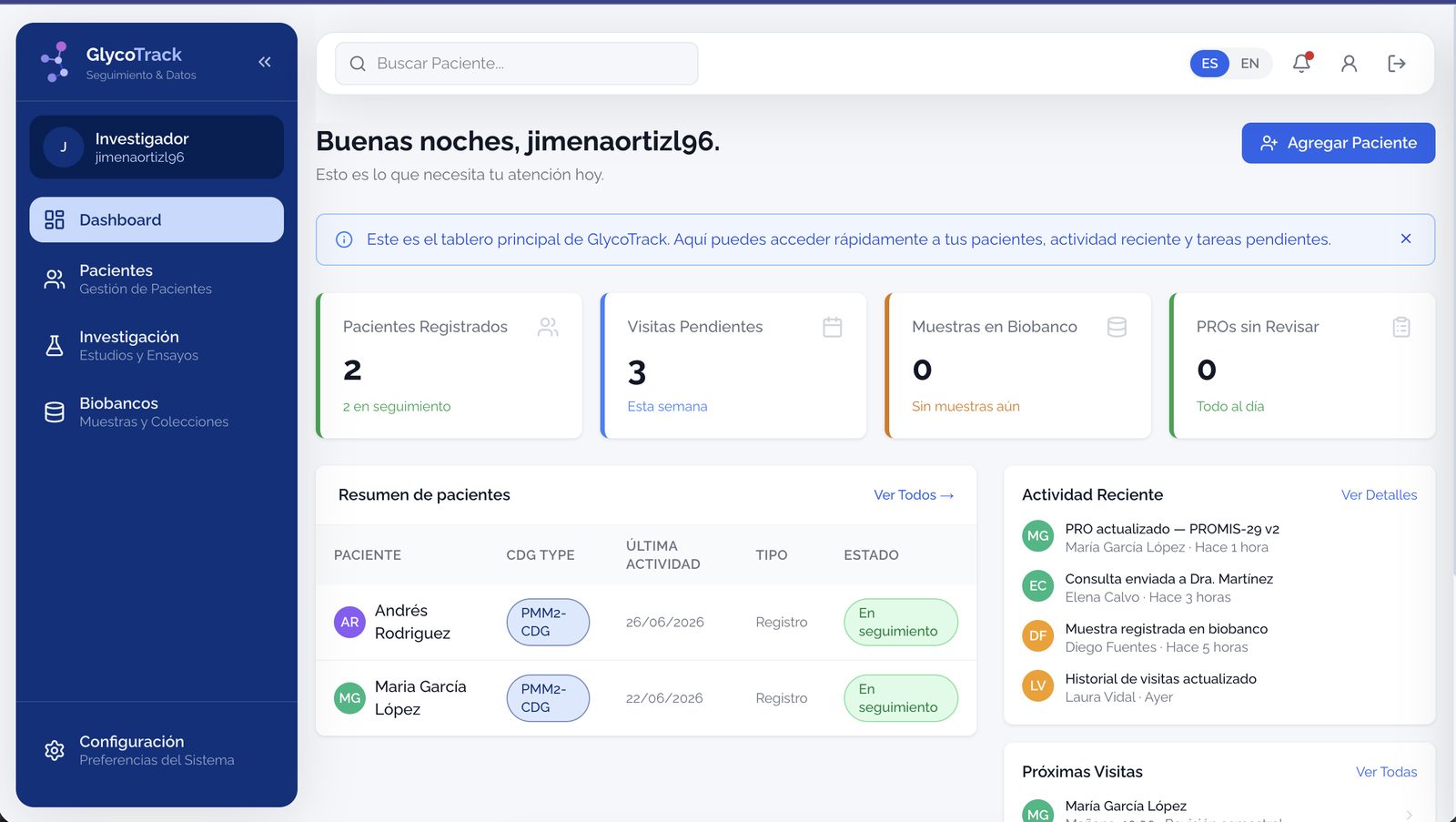 GlycoTrack dashboard
